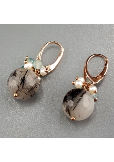 Orecchini quarzo rutilato grigio, perle, giada celeste﻿