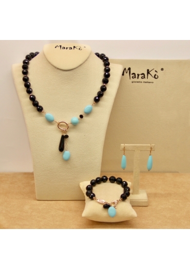 Parure Agata nera e pasta di turchese 4 fiori. Indossabile laterale, con o senza ciondoli﻿