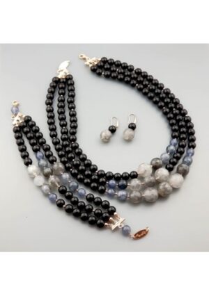 Parure agata nera quarzo rutilato grigio﻿