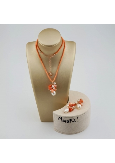 Parure corallo bamboo rosa, perle coltivate, corallo rosa﻿