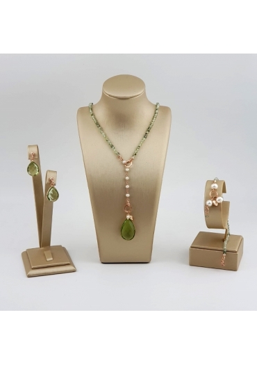 Parure Rugiada, Quarzo rutilato verde, Perle coltivate﻿