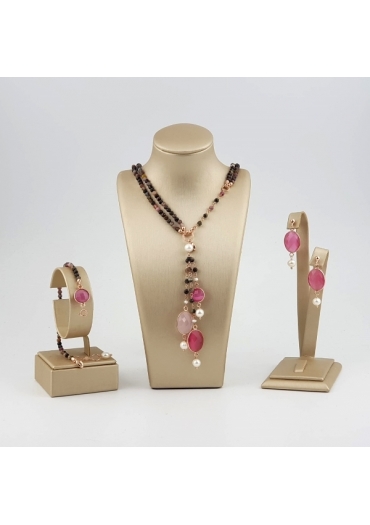 Parure Tormaline, agata rosa﻿, perle coltivate