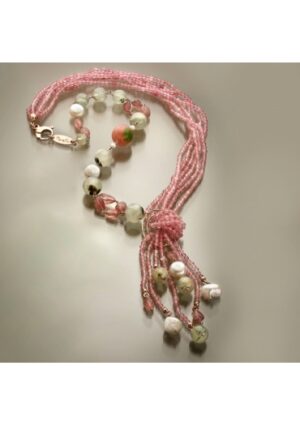 Sciarpa quarzo rosa diamantato, quarzo rutilato verde,perle coltivate﻿