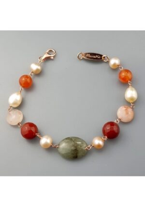 Bracciale quarzi multicolor, agata arancione, perle coltivate﻿