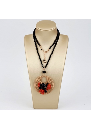 Collier agata nera con pendente  corallo rosso e agata nera pz unico﻿