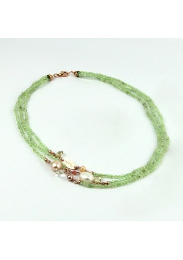 Collier a 3 fili quarzo rutilato verde,Perle coltivate﻿