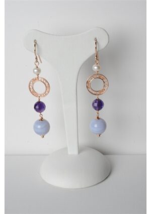 Orecchini calcedonio, ametista, cerchietto in filigrana fatta a mano in arg.925/00 placcato oro rosa trattato con e-coating