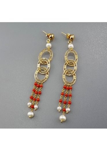 Orecchini corallo bamboo rosso,perle coltivate﻿