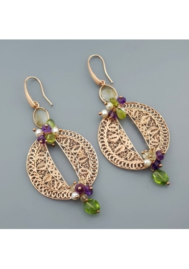 Orecchini filigrana ametista, perle, peridot﻿