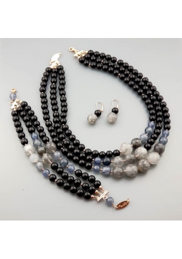 Parure agata nera quarzo rutilato grigio﻿