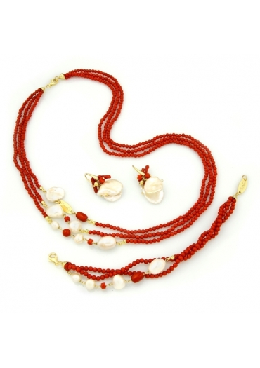 Parure corallo bamboo rosso,perle coltivate﻿