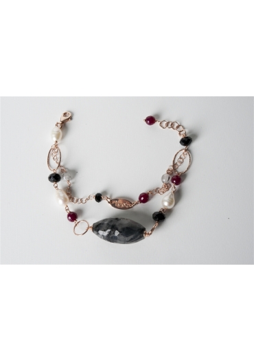 Bracciale a 2 fili, quarzo rutilato grigio, agata ruby, perle di fiume – cod:BR0566