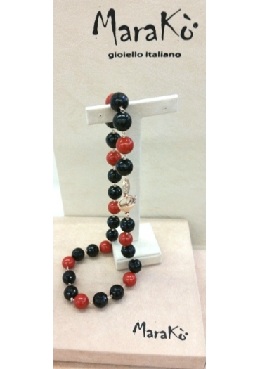 Collier agata nera e bamboo rosso 12 mm