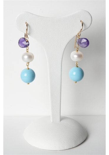 Orecchini, Pasta turchese 4 fiori,
perle, ametista  t.macchina – cod:OR1533