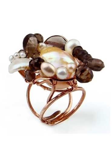 Anello regolabile quarzo fumè perle coltivate﻿