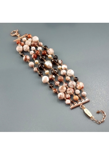 Br a 5 fili diaspro, quarzo fumè, perle coltivate – cod:BR1380