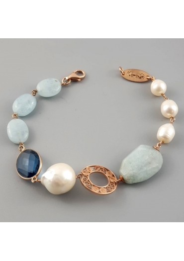 Bracciale acquamarina,  perle coltivate barocche﻿