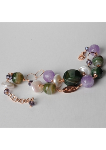 Bracciale a 2 fili, agata striata verde, ametista lavanda, perle di fiume – cod:BR0653
