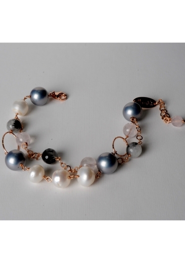 Bracciale a 2 fili, perle di fiume, quarzo rosa, quarzo grigio – cod:BR0863
