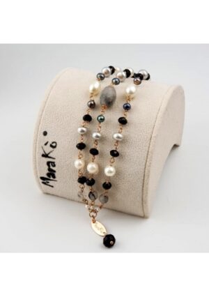 Bracciale a tre fili, perle coltivate, quarzo rutilato grigio﻿