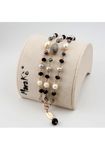Bracciale a tre fili, perle coltivate, quarzo rutilato grigio﻿