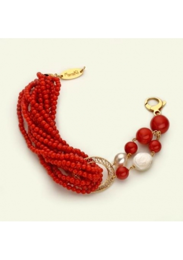 Bracciale corallo bamboo rosso, perle coltivate﻿