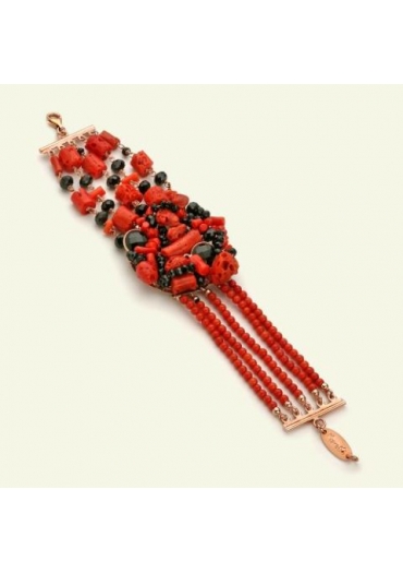 Bracciale multilo corallo rosso-agata nera e fili bamoo 3 mm﻿