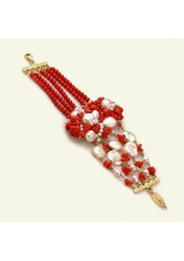 Bracciale corallo rosso-perle coltivate﻿