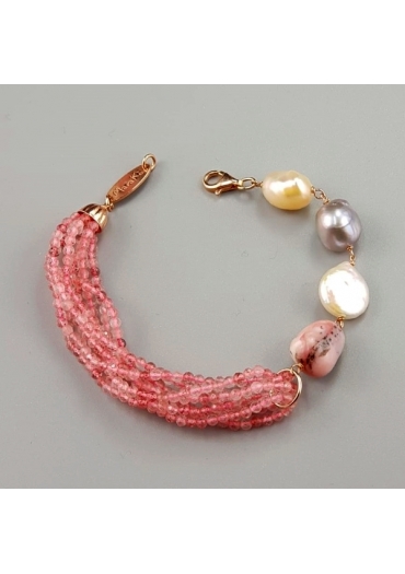 Bracciale, opale rosa, quarzo fragola, perle coltivate﻿
