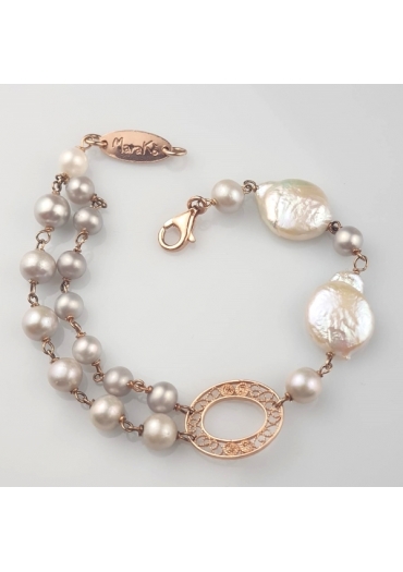 Bracciale perle coltivate,﻿
bianche e grigie