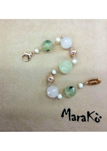 Bracciale quarzo rosa, quarzo rutilato verde, perle coltivate﻿, arg.925/00 placcato oro rosa trattato con e-coating﻿