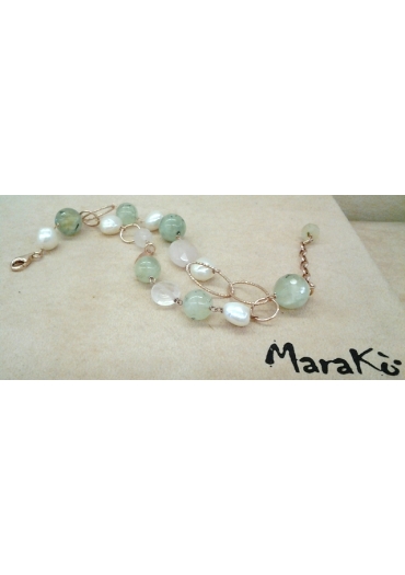 Bracciale quarzo rosa, quarzo rutilato verde, perle coltivate﻿, arg.925/00 placcato oro rosa trattato con e-coating