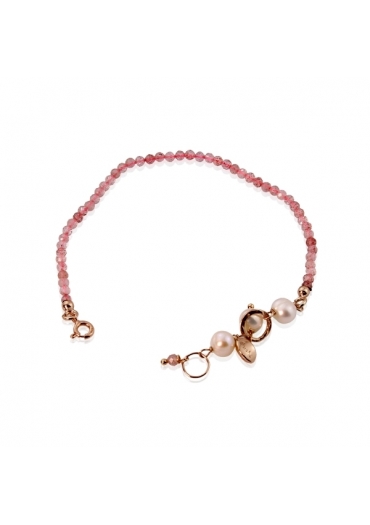 Bracciale Rugiada,quarzo fragola, perle coltivate﻿