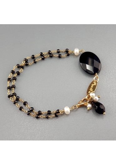 Bracciale  spinello nero, perle coltivate, agata nera﻿