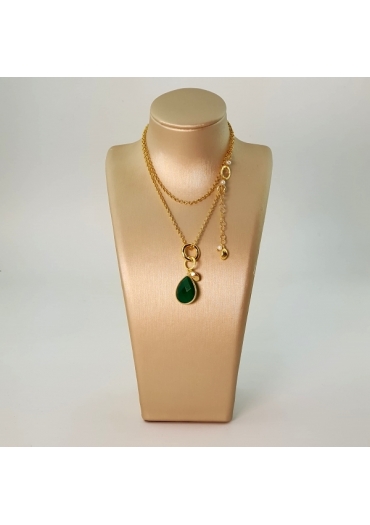 Catena fantasy, pl oro 42-50 cm- Goccia agata smeraldo, 18×13 mm﻿