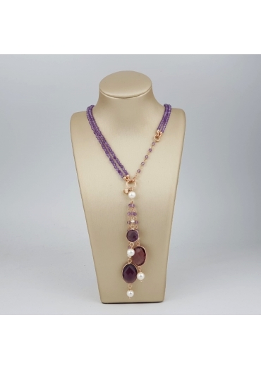 Chanel regolabile 45-90 cm ametista, perle coltivate, quarzi idrotermali﻿