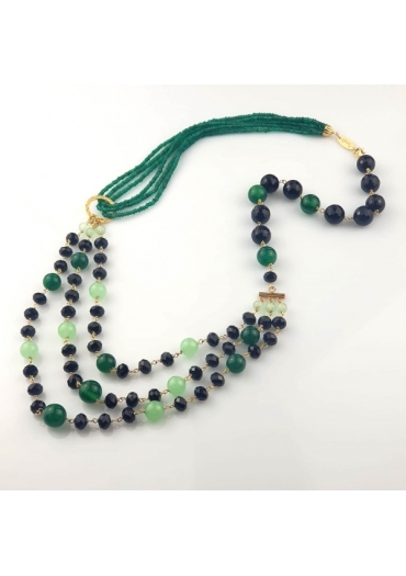 Collana a tre fili agata nera, verde, crisopaz﻿