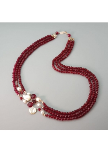 Collana Armony, sfere 6 mm Agata ruby, perle coltivate﻿