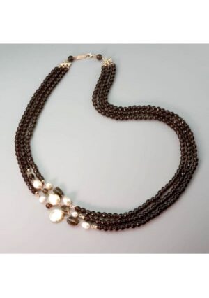 Collana Armony, sfere6 mm quarzo fumè, perle coltivate﻿