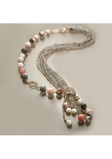 Sciarpa labradorite diamantata, diaspro rosa, perle coltivate﻿