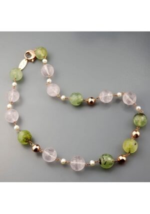 Collier quarzo rosa, quarzo rutilato verde, perle coltivate﻿