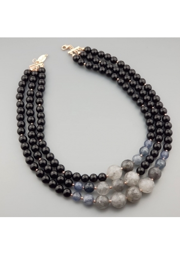 Collier a tre fili agata nera, quarzo rutilato grigio﻿