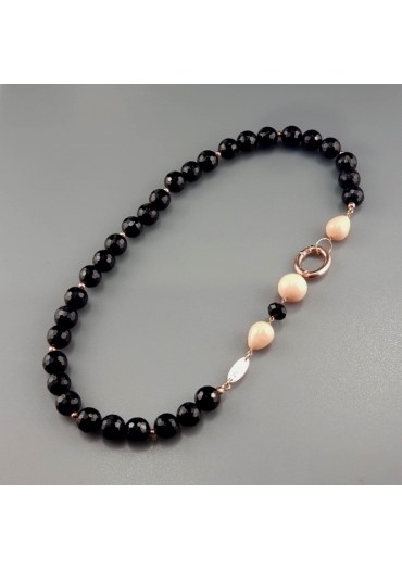 Collier agata nera, corallo bamboo rosa﻿
