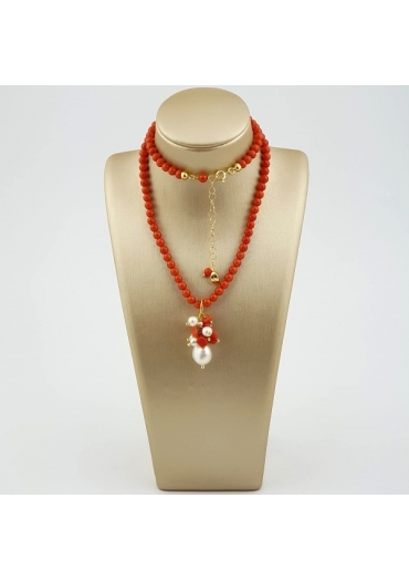 Collier bamboo rosso, perle coltivate, corallo sardo﻿