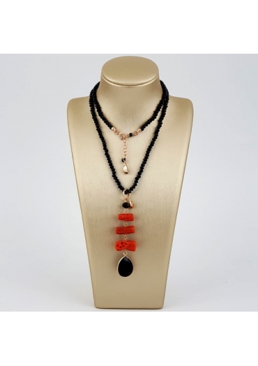 Collier con pendente corallo rosso sardo, agata nera﻿