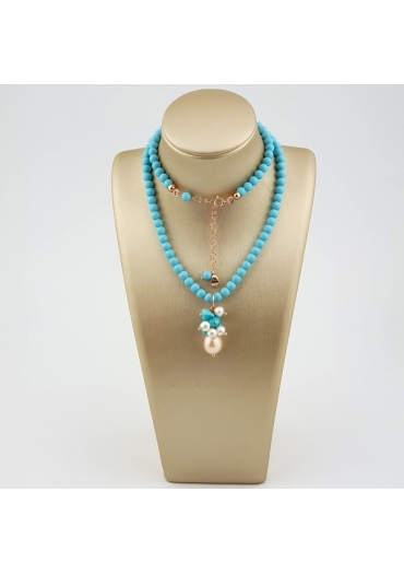 Collier pasta turchese 4 fiori, perle coltivate,turchese Arizona﻿