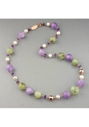 Girocollo ametista,  perle coltivate,quarzo rutilato verde﻿