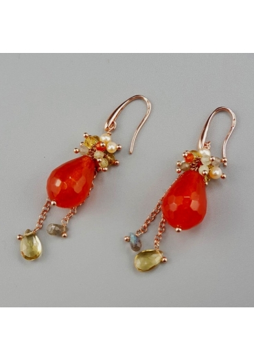 Orecchini agata arancione,labradorite, citrino, perle coltivate﻿