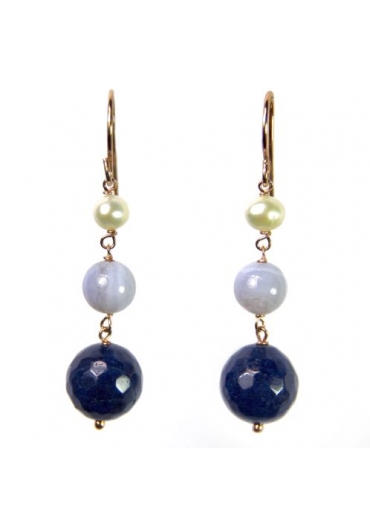 Orecchini agata blu, calcedoio,Perle coltivate﻿