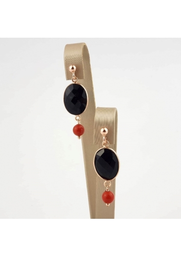 Orecchini agata nera,bamboo rosso﻿